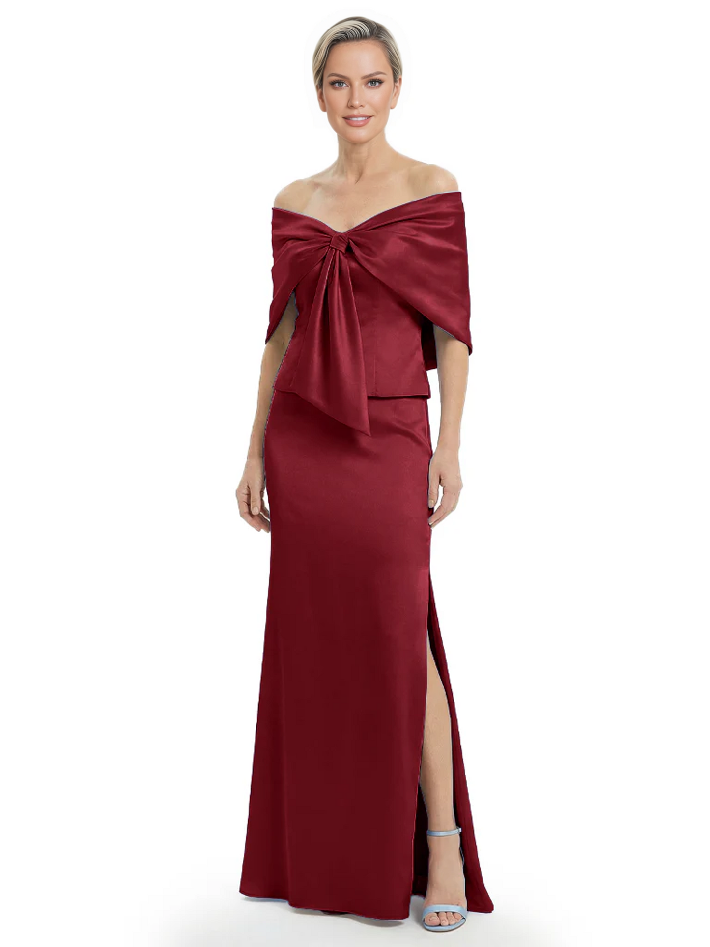 Formal Floor-Length Mother of the Bride Gown Satin Maxi Dress with Bow Neckline