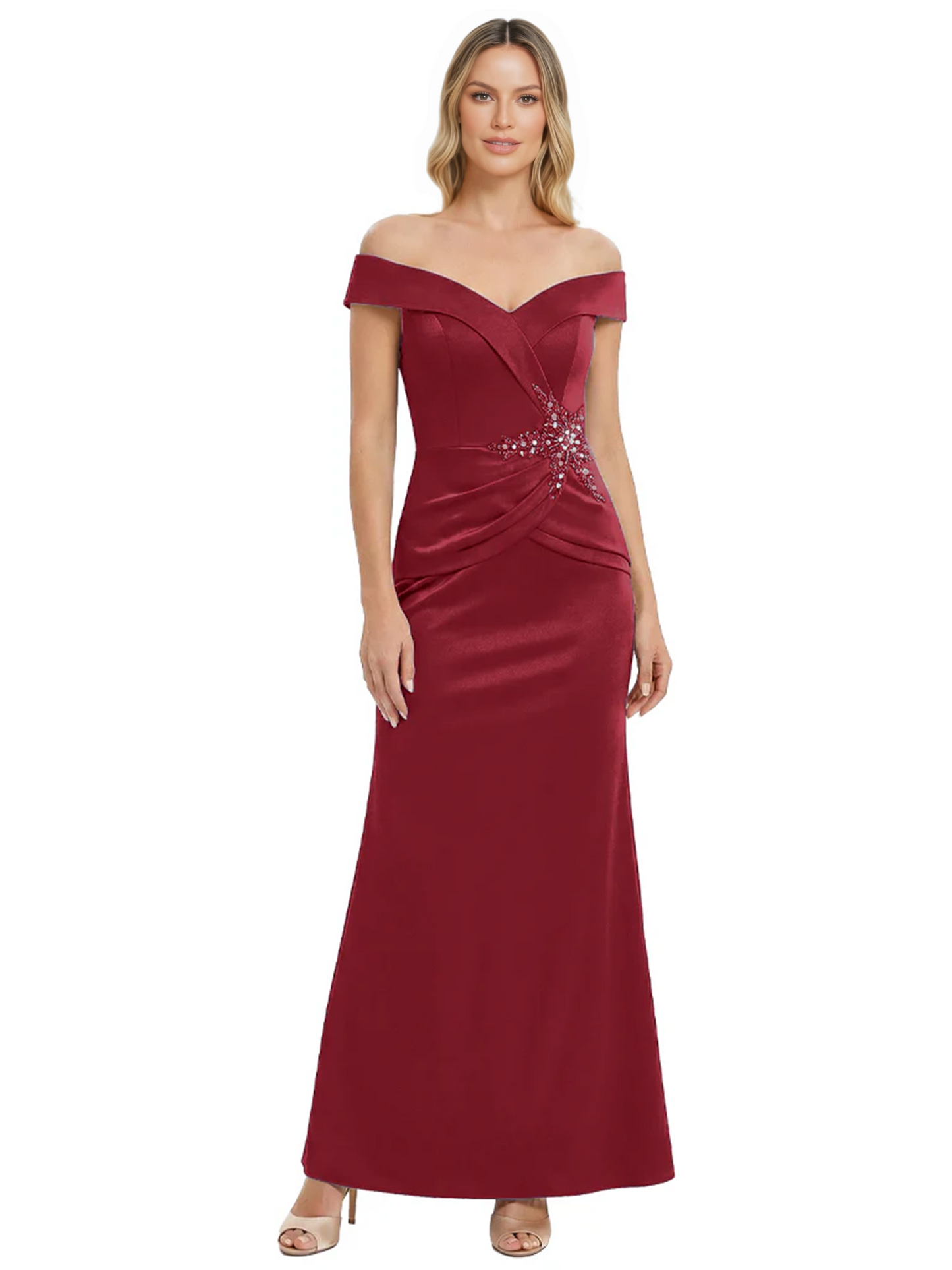 Off Shoulder Mother of the Bride Dress Beaded Waist Satin Gown Portrait Neckline
