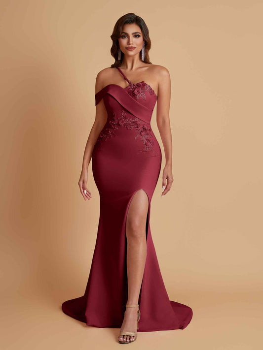Sexy Soft Satin Mermaid One Shoulder Asymmetrical Side Slit Floor-Length Bridesmaid Dresses