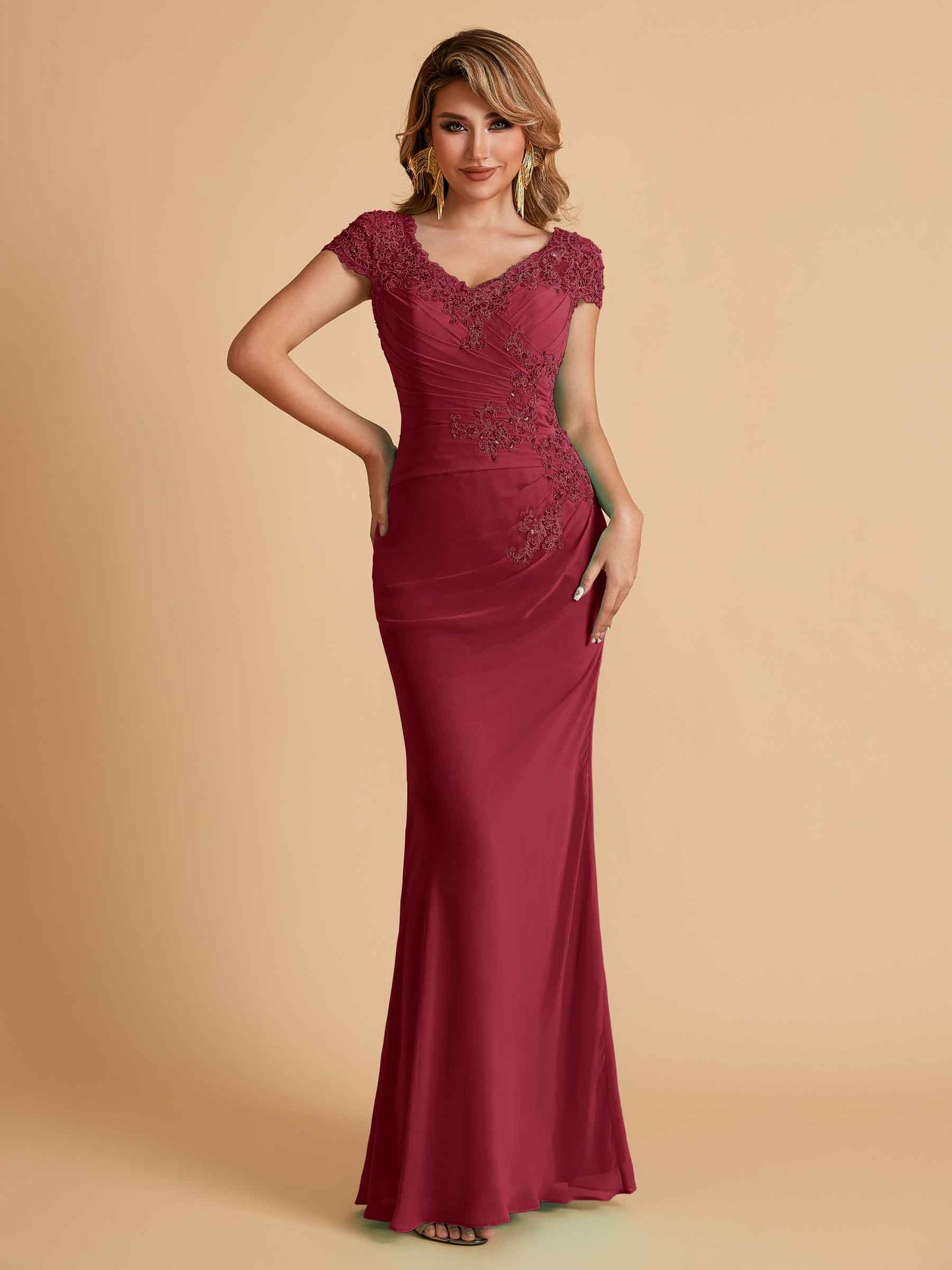 Elegant Mermaid Chiffon Cap Sleeves V-Neck Mother of the Brides Dresses Online