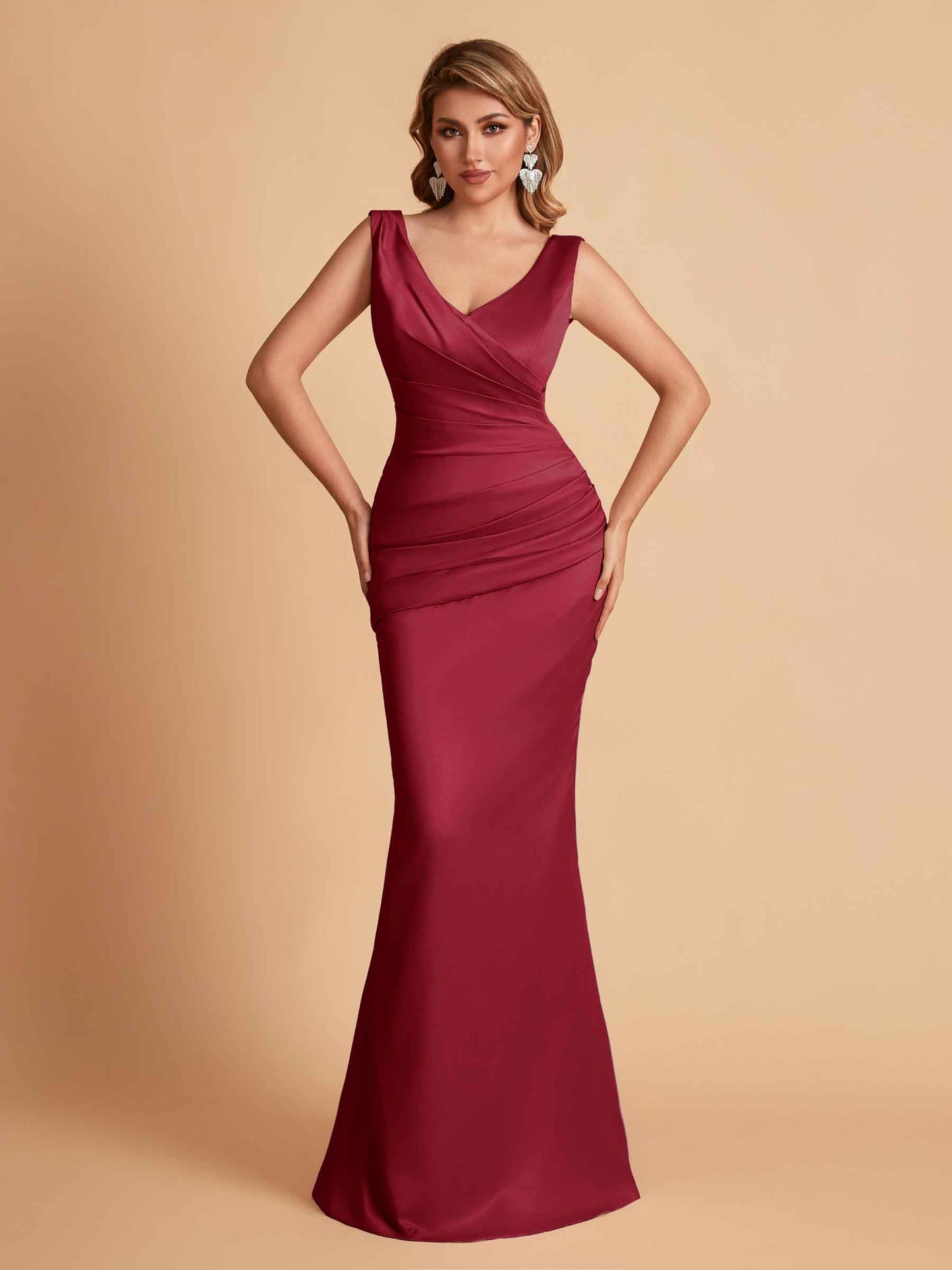 Elegant Satin V-neck Sleeveless Mermaid Floor Length Bridesmaid Dresses