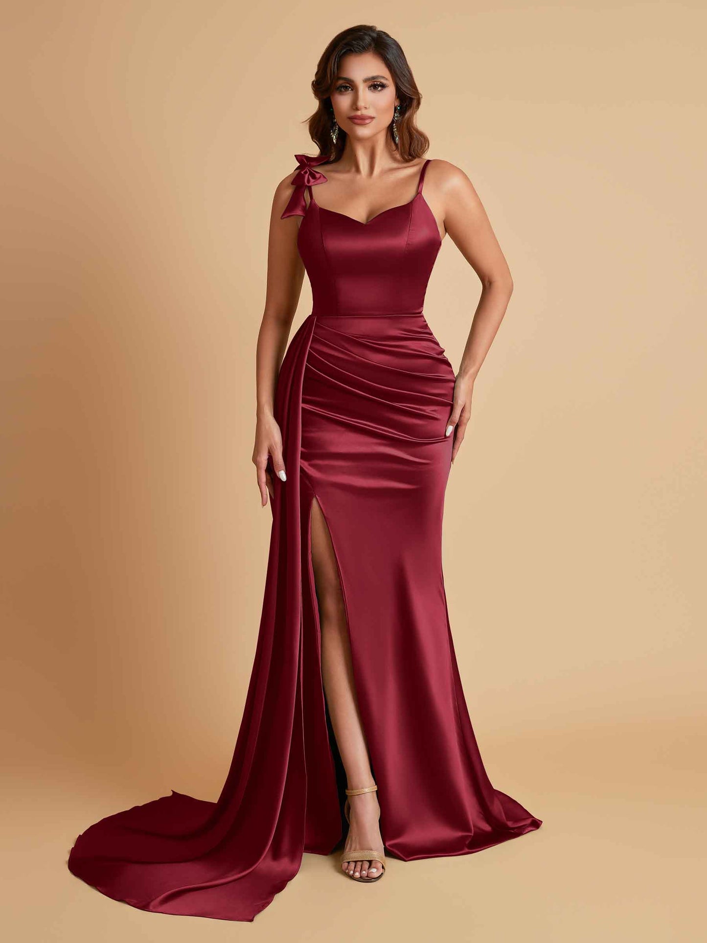 Elegant Soft Satin Mermaid Bowknot Floor-Length Mermaid Bridesmaid Dresses