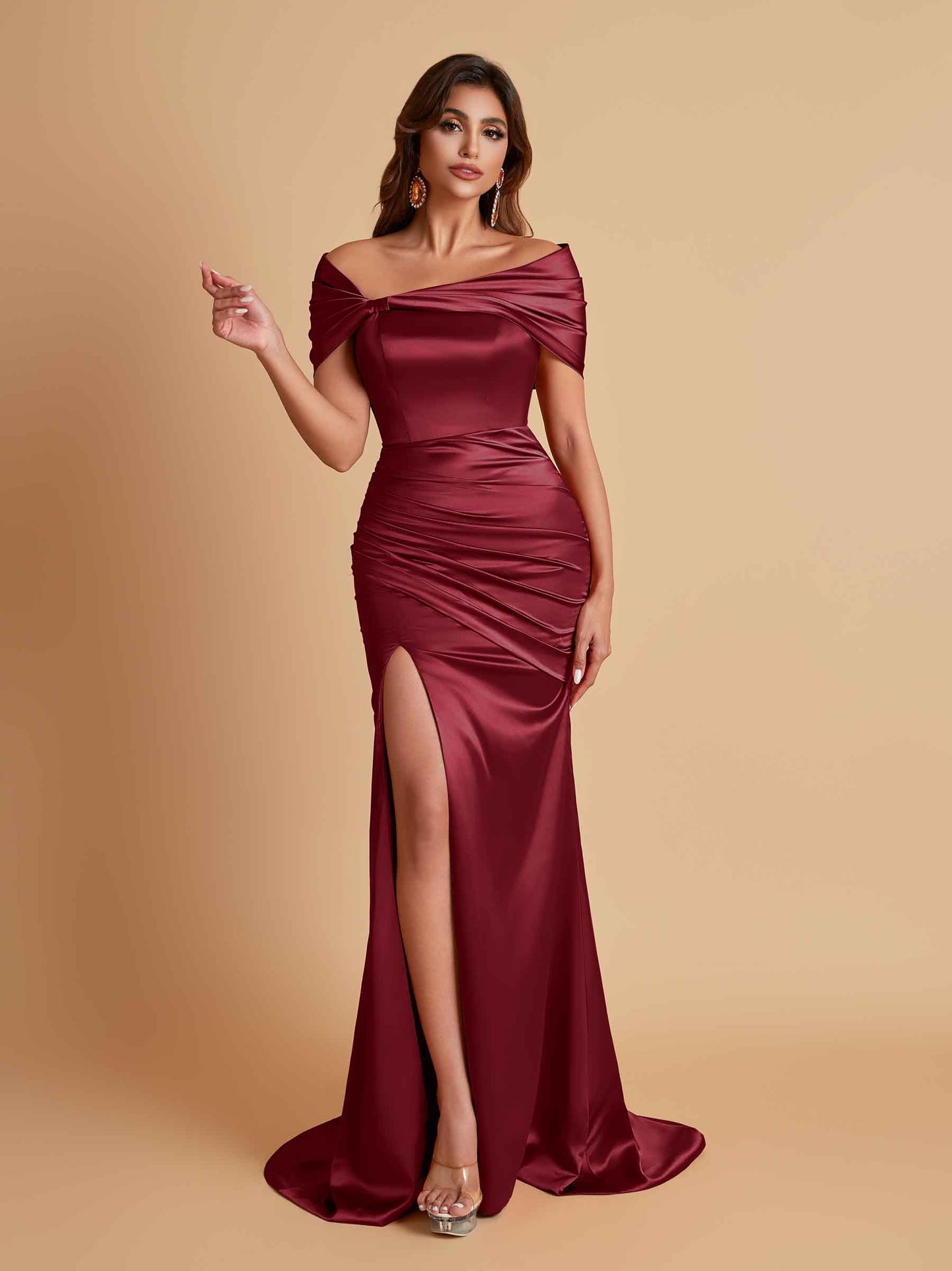 Elegant Soft Satin Off-the-shoulder Side-Slit Mermaid Bridesmaid Dresses