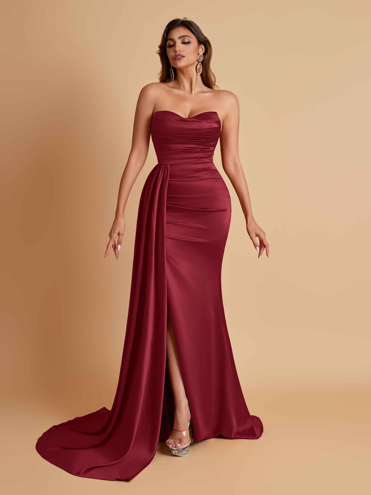 Elegant Soft Satin Sweetheart Strapless Side-Slit Mermaid Bridesmaid Dresses