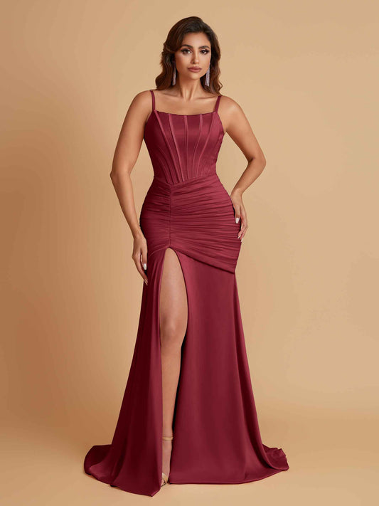 Sexy Soft Satin Mermaid Spaghetti Straps Side Slit Floor-Length Bridesmaid Dresses
