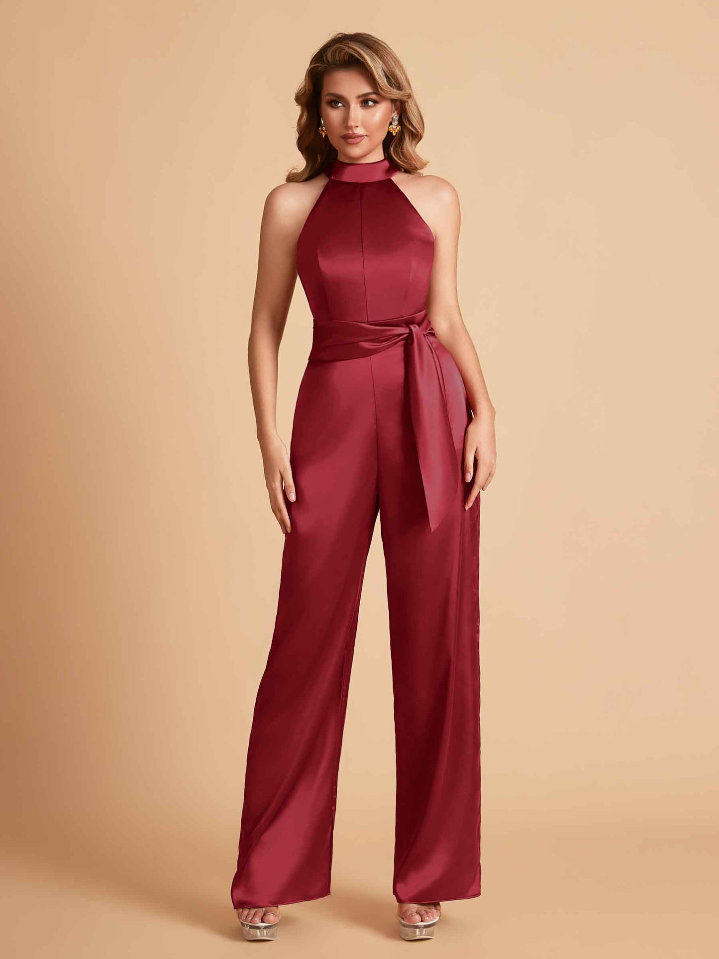 Elegant Satin Halter Sleeveless Satin Floor Length Bridesmaid Jumpsuit