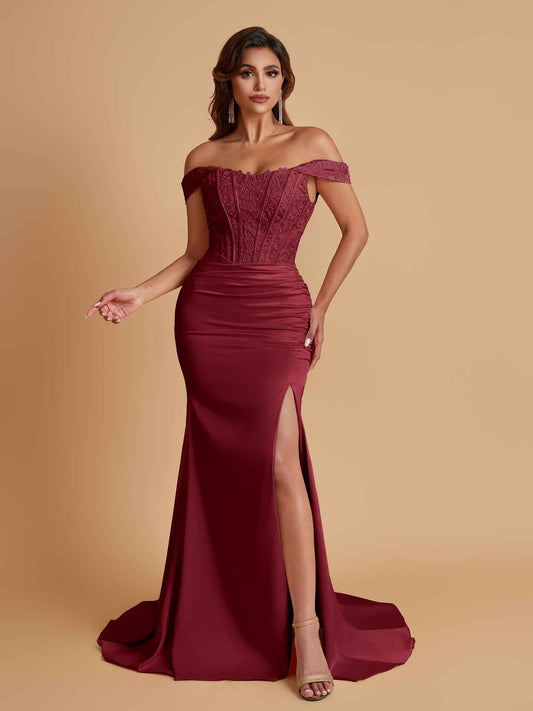 Elegant Soft Satin Mermaid Off Shoulder Side Slit Floor-Length Mermaid Bridesmaid Dresses