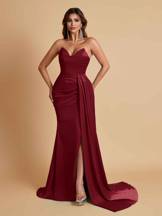 Gorgeous Strapless Soft Satin Side Slit Floor-Length Mermaid Bridesmaid Dresses
