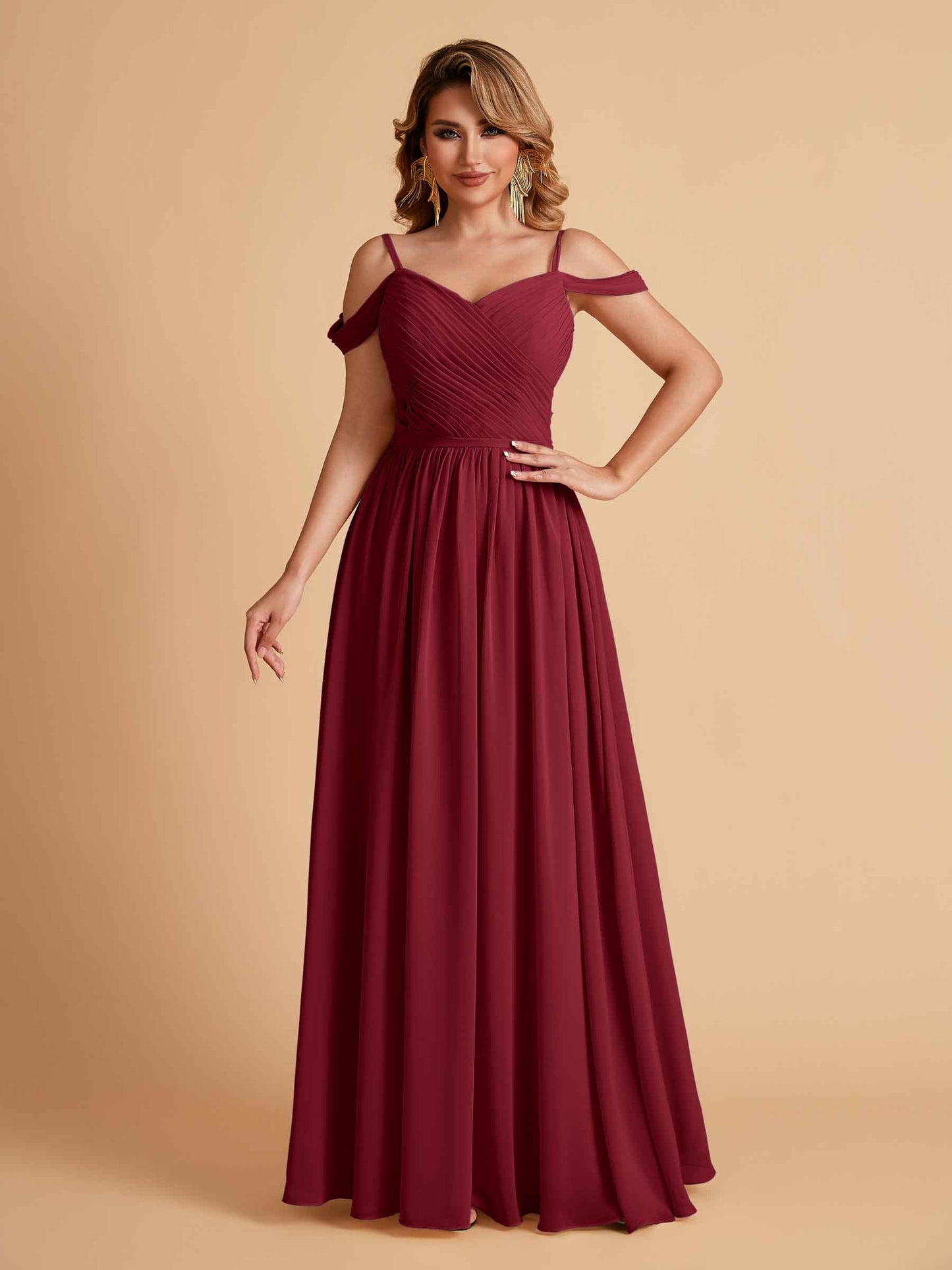 Elegant A-line Chiffon Off The Shoulder V-Neck Bridesmaid Dresses Online