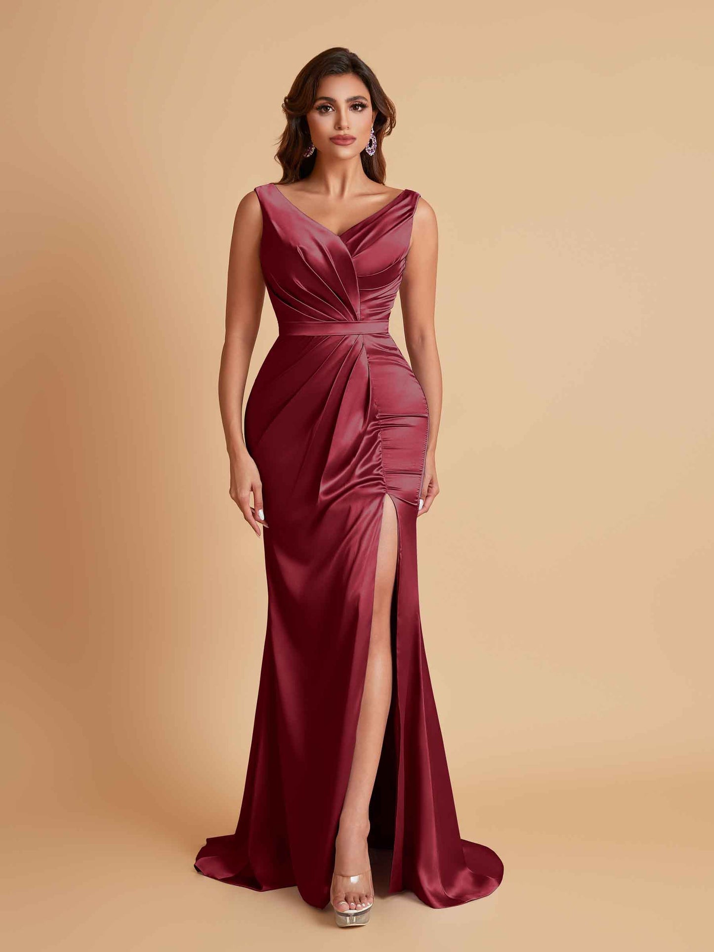 Elegant V Neck Soft Satin Side Slit Floor-Length Mermaid Bridesmaid Dresses