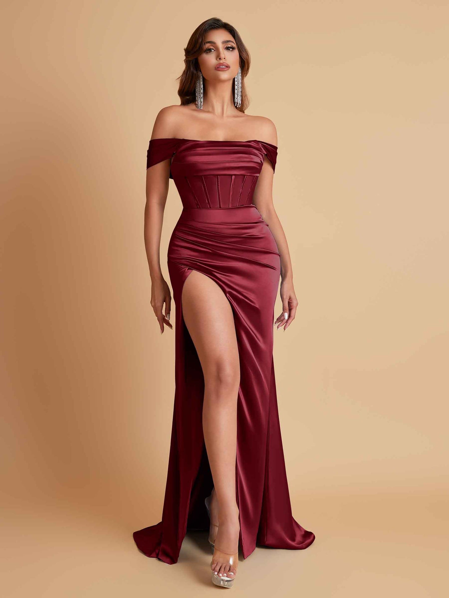 Sexy Off the Shoulder Soft Satin Side Slit Floor-Length Mermaid Bridesmaid Dresses