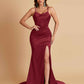 Sexy Spaghetti Straps V Neck Soft Satin Side Slit Floor-Length Mermaid Bridesmaid Dresses