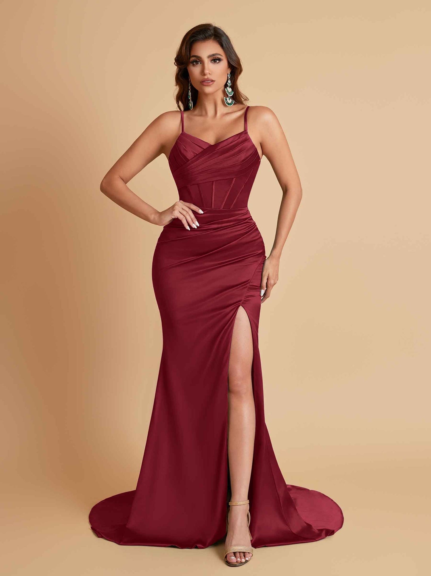 Sexy Spaghetti Straps V Neck Soft Satin Side Slit Floor-Length Mermaid Bridesmaid Dresses