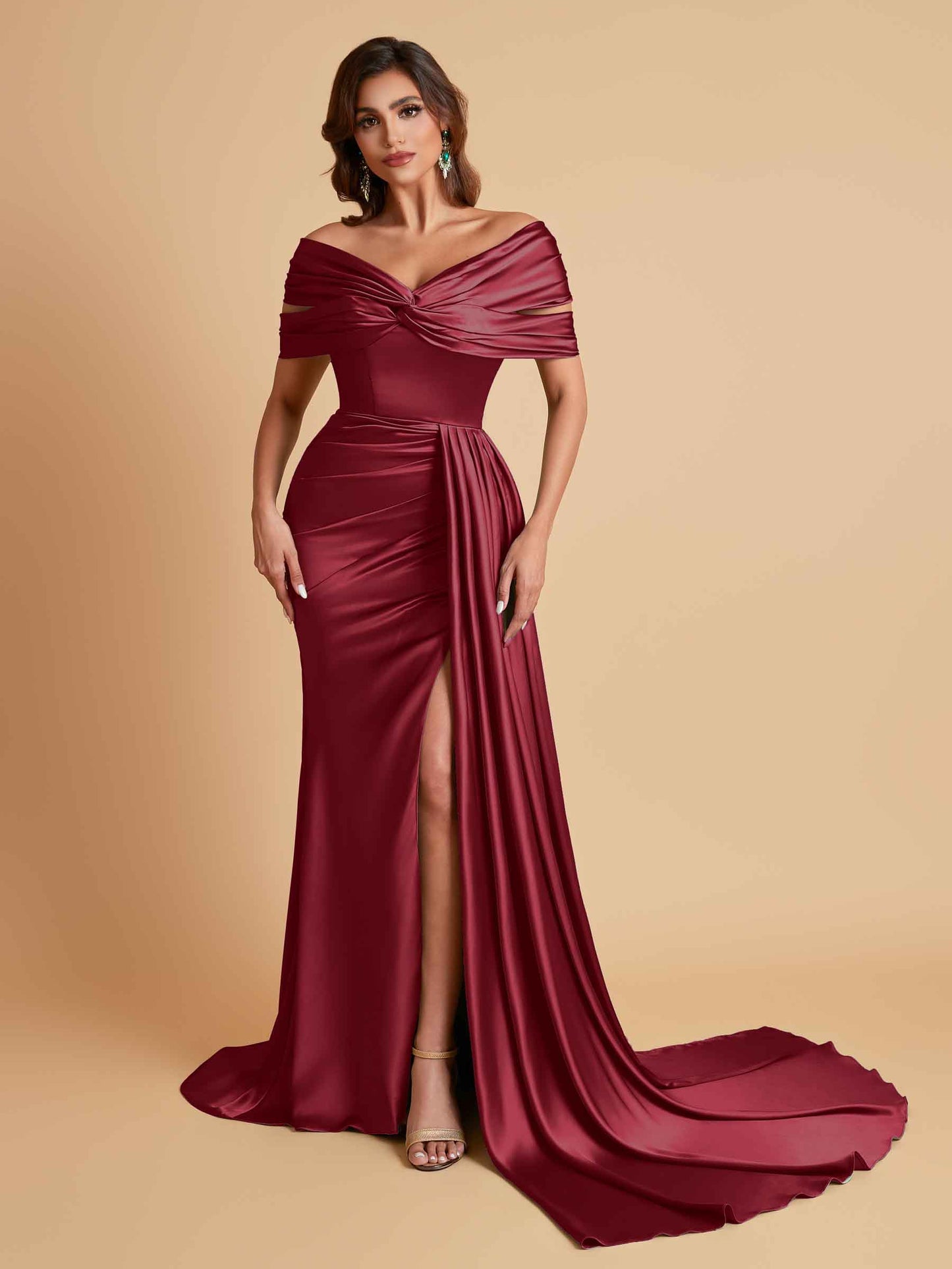 Elegant Soft Satin V-neck Off-the-Shoulder Side-Slit Mermaid Bridesmaid Dresses
