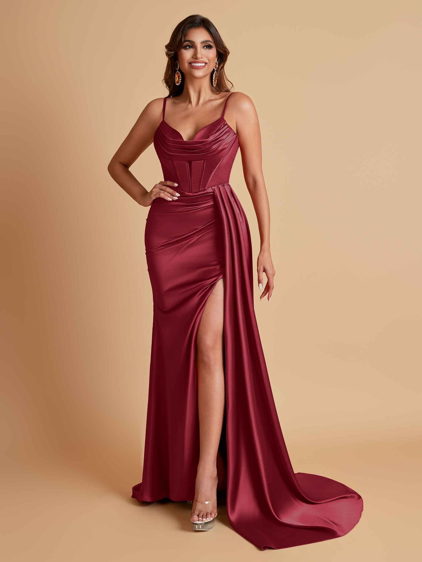 Sexy Soft Satin V-neck Spaghetti Strap Side-Slit Mermaid Bridesmaid Dresses