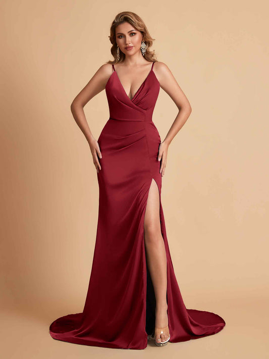 Elegant Satin Spaghetti Straps V-Neck Mermaid Side Slit Floor Length Bridesmaid Dresses