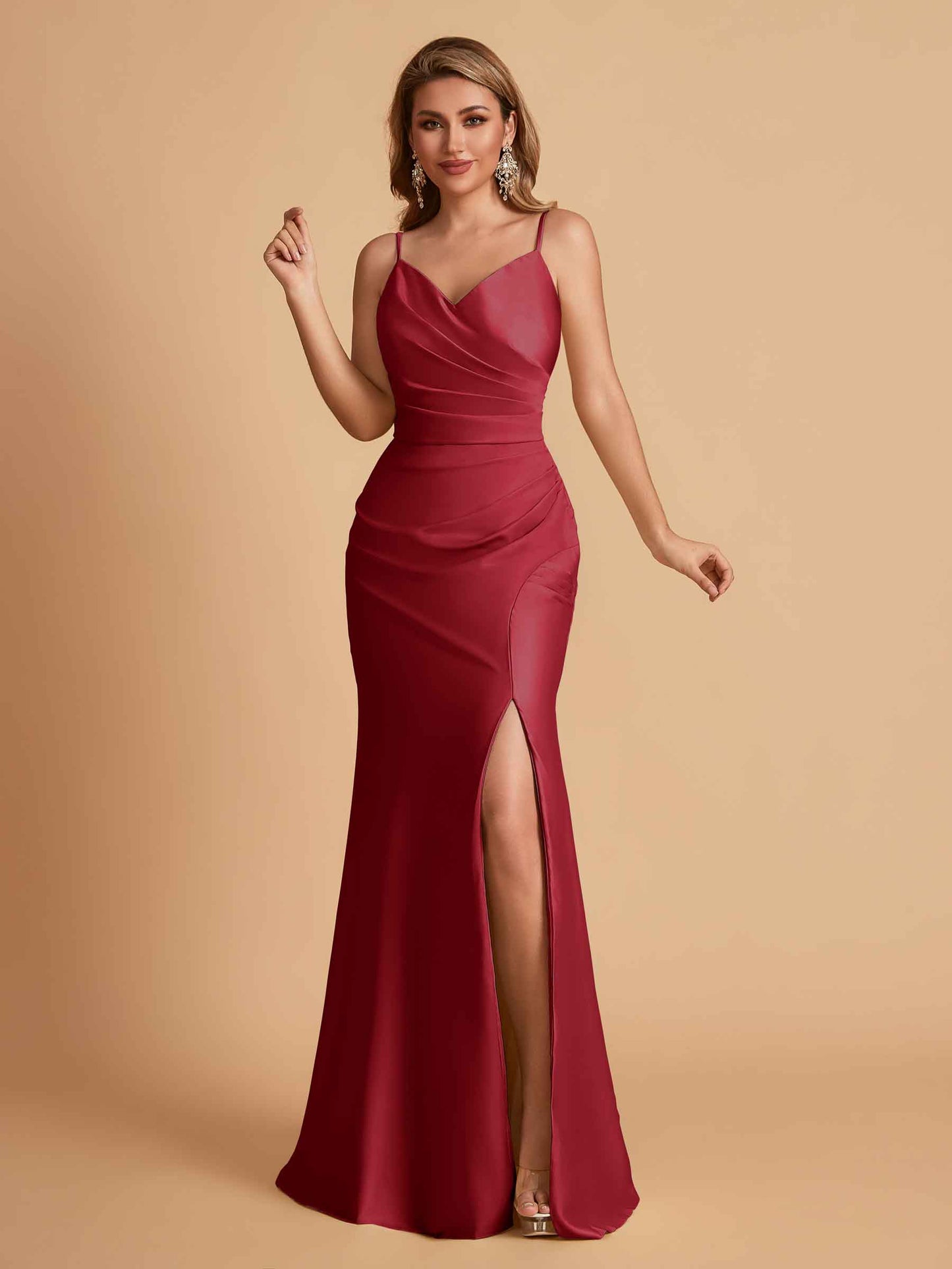 Elegant Satin Spaghetti Straps Mermaid Side Slit Floor Length Bridesmaid Dresses