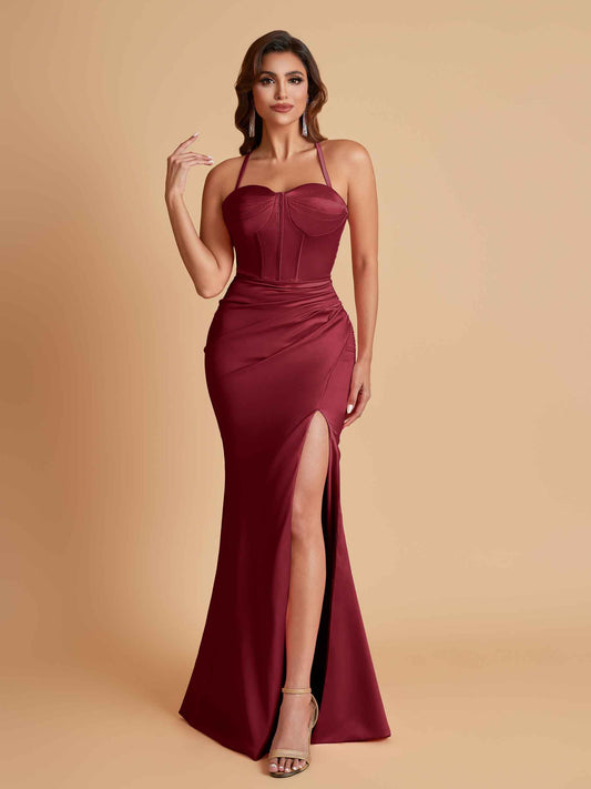 Sexy Soft Satin Mermaid Spaghetti Straps Side Slit Floor-Length Bridesmaid Dresses