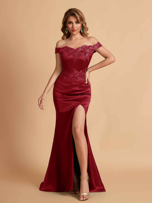 Elegant Satin Off Shoulder Mermaid Side Slit Floor Length Bridesmaid Dresses