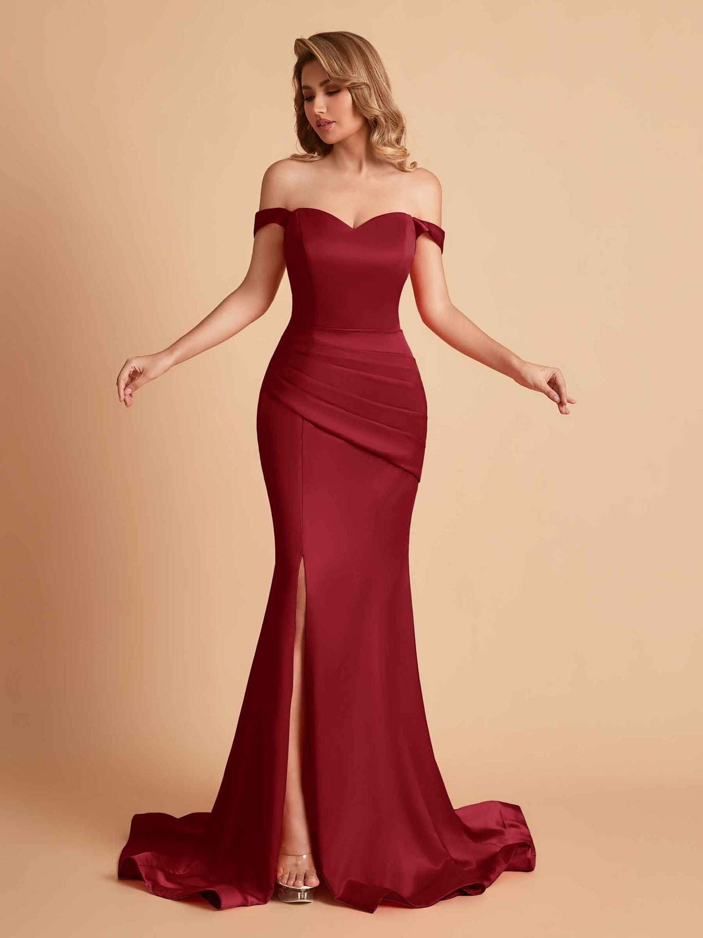 Elegant Satin Off the Shoulder Mermaid Side Slit Floor Length Bridesmaid Dresses