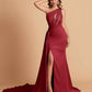 Burgundy Mismatched Sexy Satin Trendy Long Wedding Guest Dresses