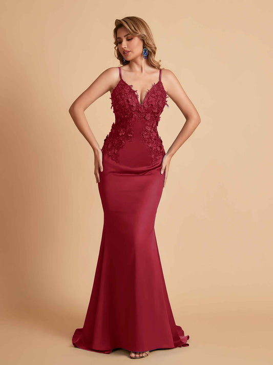 Sexy Satin Spaghetti Straps V-neck Mermaid Floor Length Applique Bridesmaid Dresses