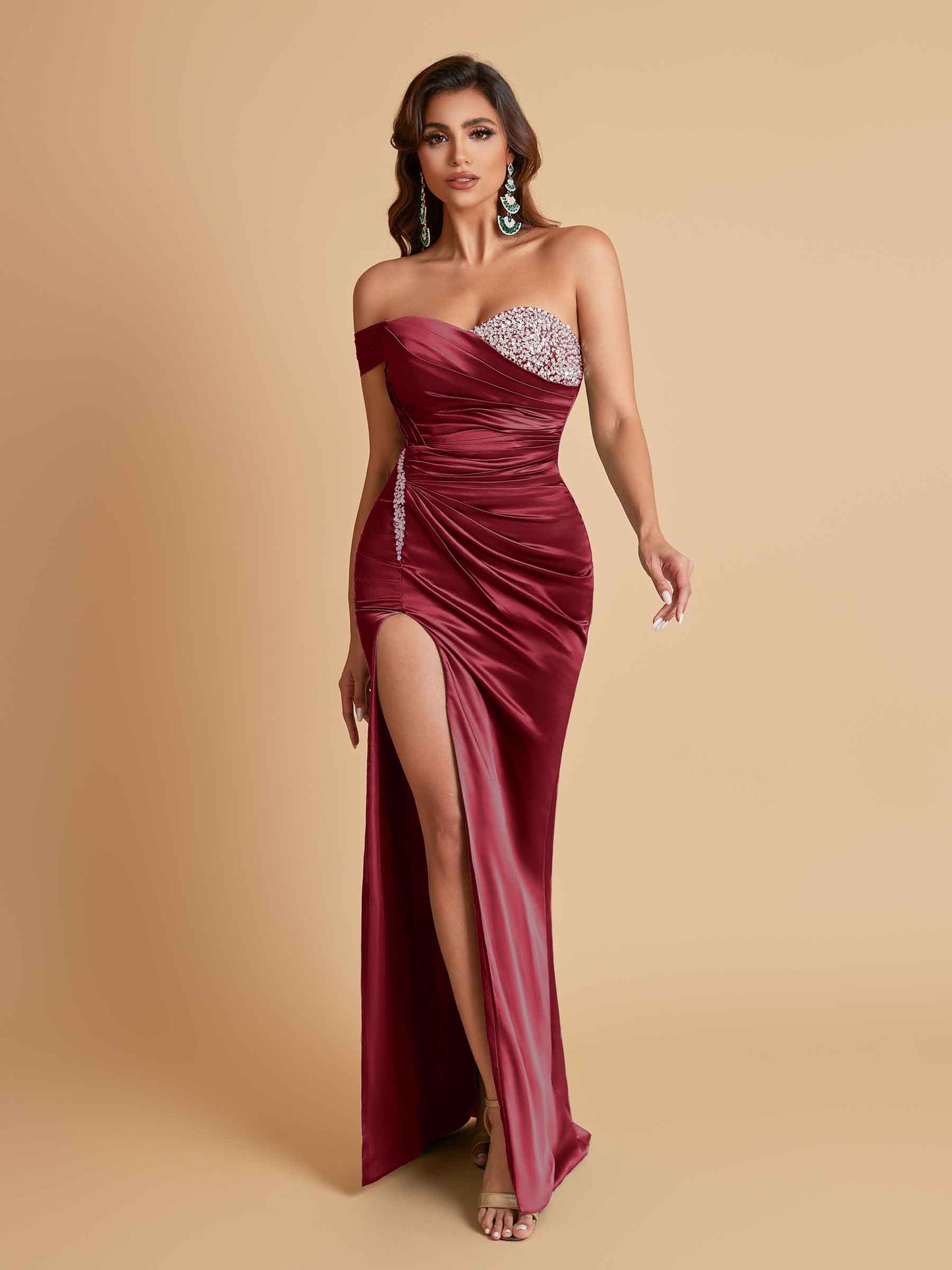 Sexy Soft Satin Mermaid One Shoulder Side Slit Floor-Length Mermaid Bridesmaid Dresses