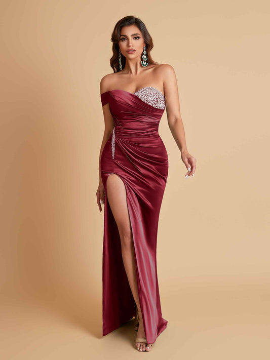 Sexy Soft Satin Mermaid One Shoulder Side Slit Floor-Length Mermaid Bridesmaid Dresses