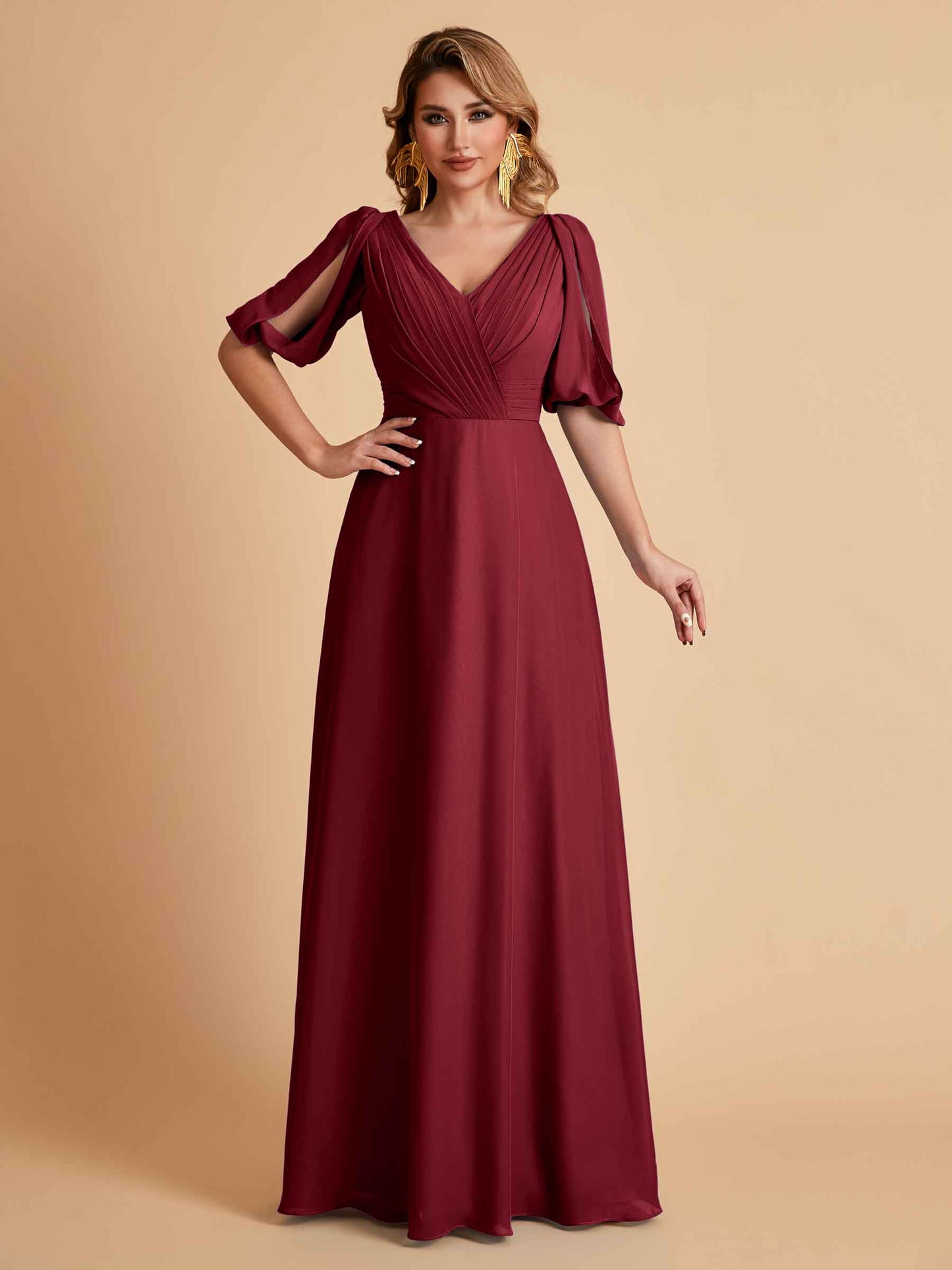 Elegant A-Line Chiffon Half Sleeves V-Neck Mother of the Brides Dresses Online