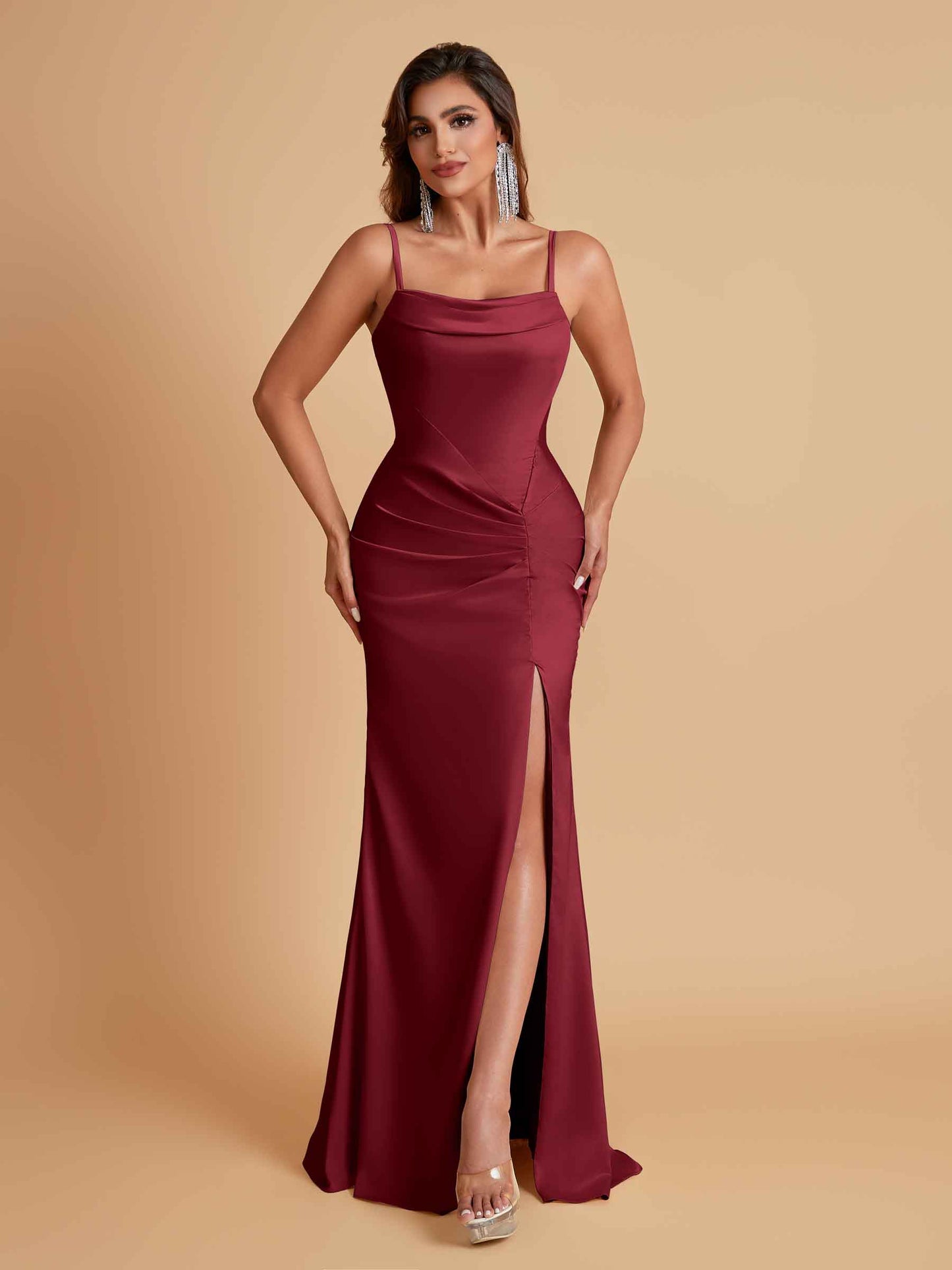 Gorgeous Spaghetti Straps Soft Satin Side Slit Floor-Length Mermaid Bridesmaid Dresses