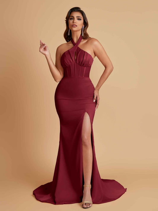 Elegant Soft Satin Mermaid Halter Side Slit Floor-Length Bridesmaid Dresses Online