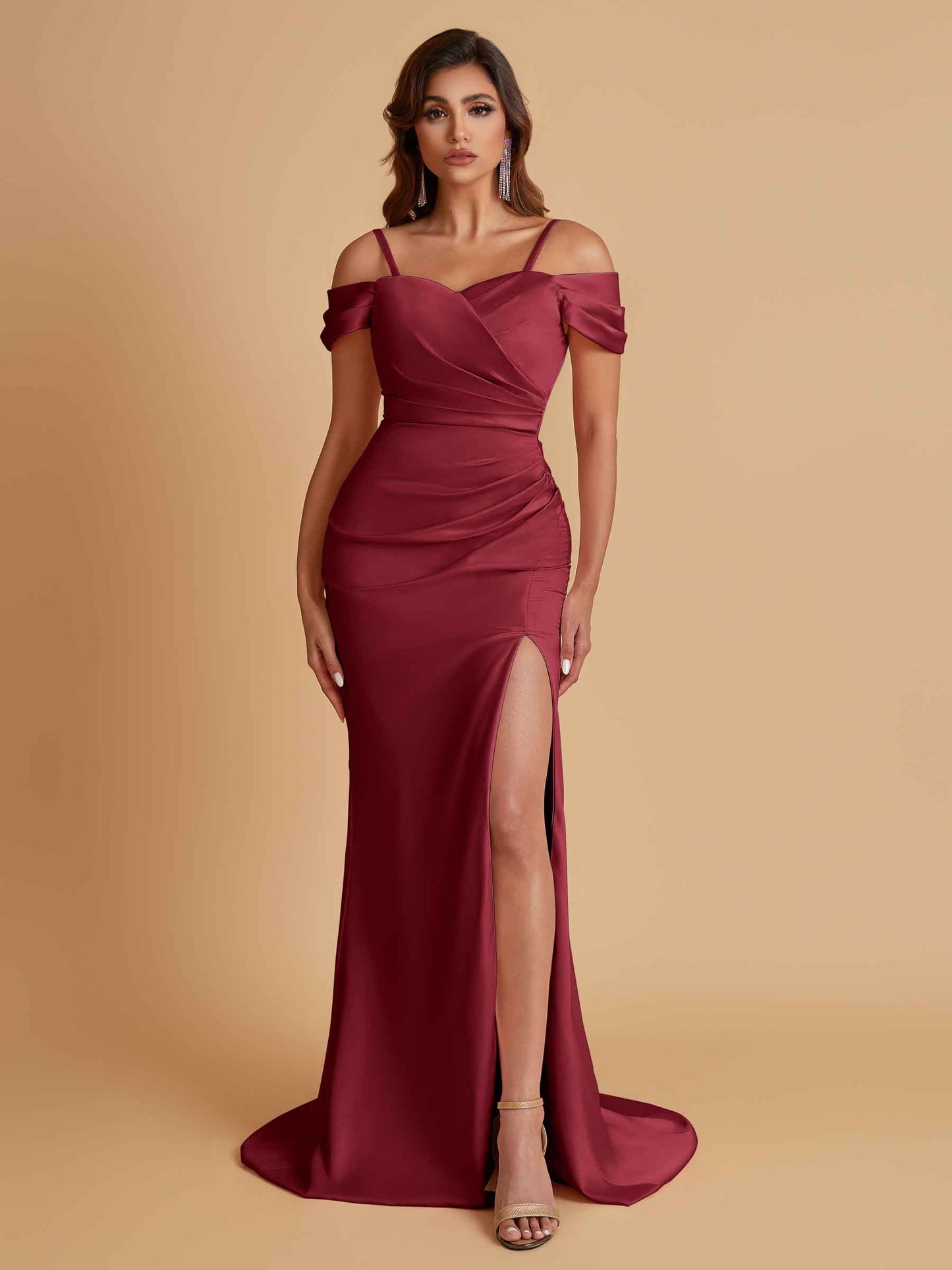 Sexy Soft Satin Mermaid Cold Shoulder Side Slit Floor-Length Bridesmaid Dresses Online