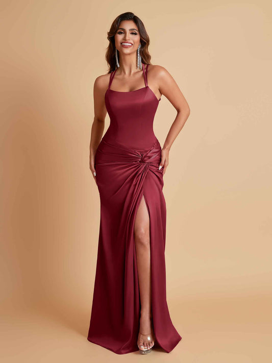 Gorgeous Square Criss Cross Soft Satin Side Slit Floor-Length Mermaid Bridesmaid Dresses