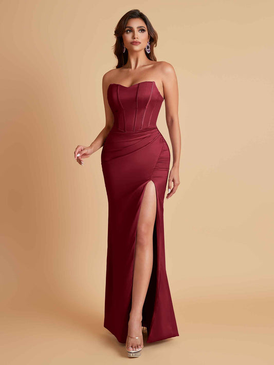 Sexy Strapless Soft Satin Side Slit Floor-Length Mermaid Bridesmaid Dresses