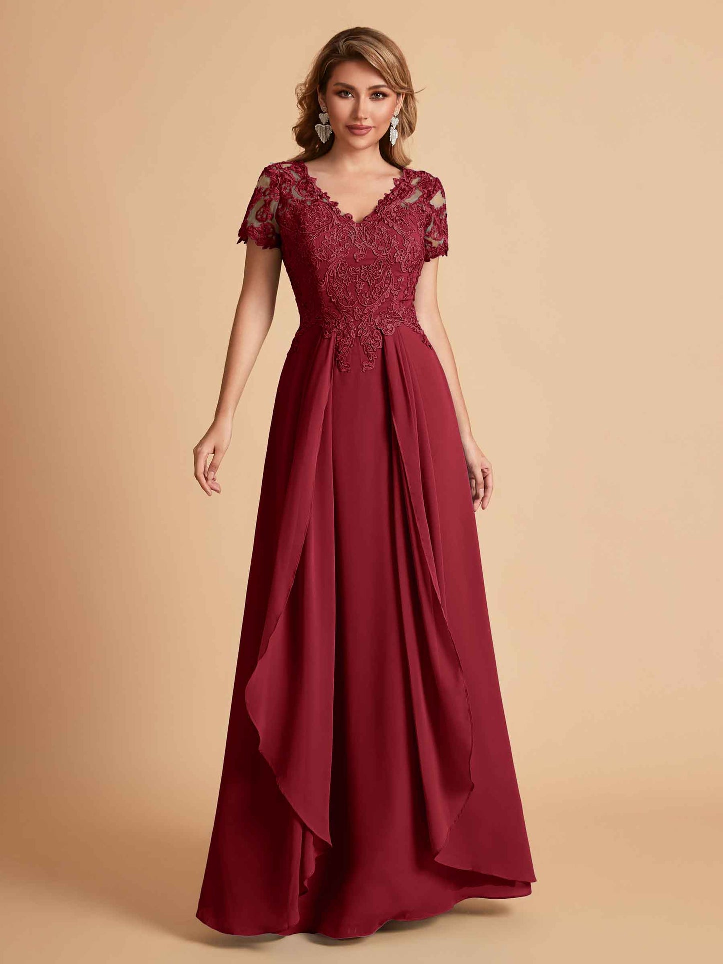 Elegant A-Line Chiffon Short Sleeves V-neck Mother of the Brides Dresses Lace Top MOB Dresses