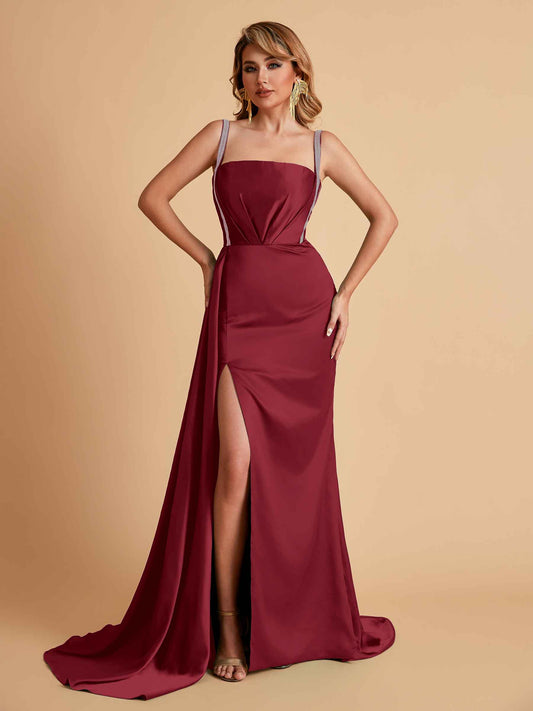 Sexy Satin Mermaid With Train Bridesmaid Dresses Pleats Side-Slit Floor-Length Wedding Guest Dresses