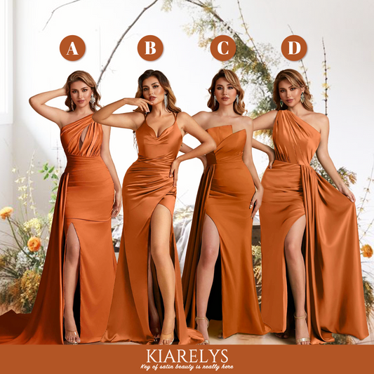 Burnt Orange Mismatched Sexy Satin Trendy Long Wedding Guest Dresses