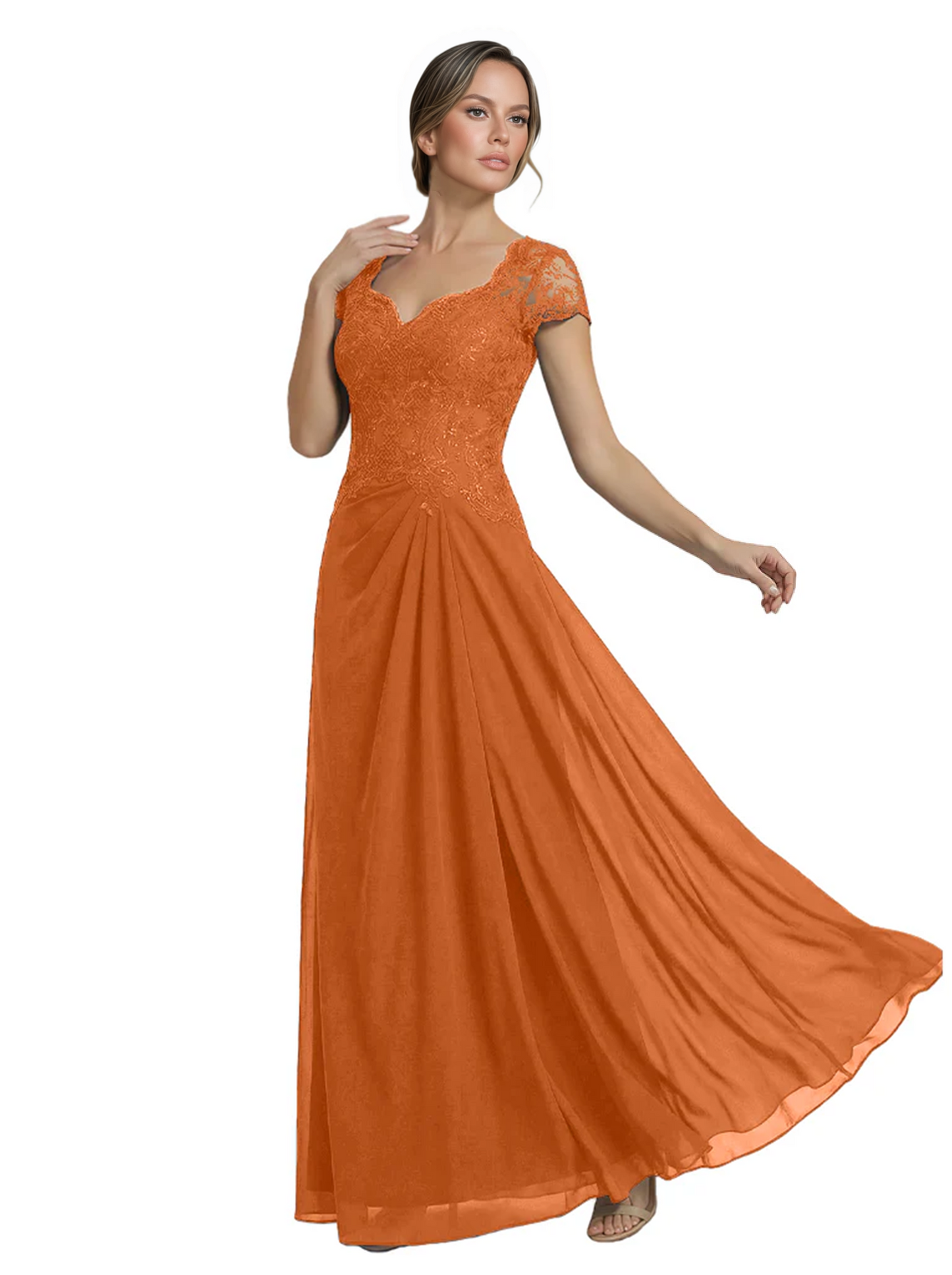 Long A-line Chiffon Short Sleeves Mother of the Brides Dresses Lace Wedding