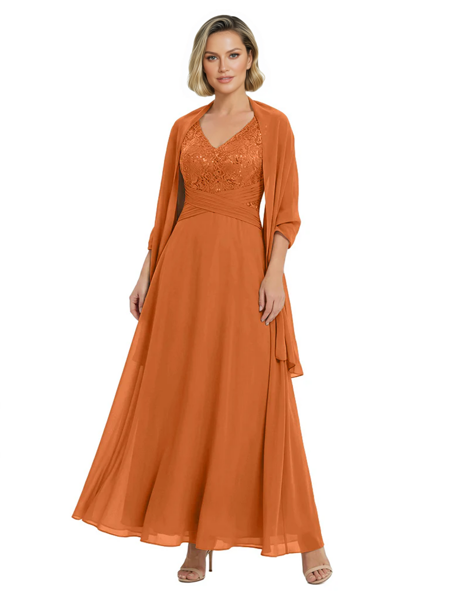 Luxury Formal Mother of Bride Dress Sparkling Sequin Top & Flowy Chiffon Skirt with Shawl