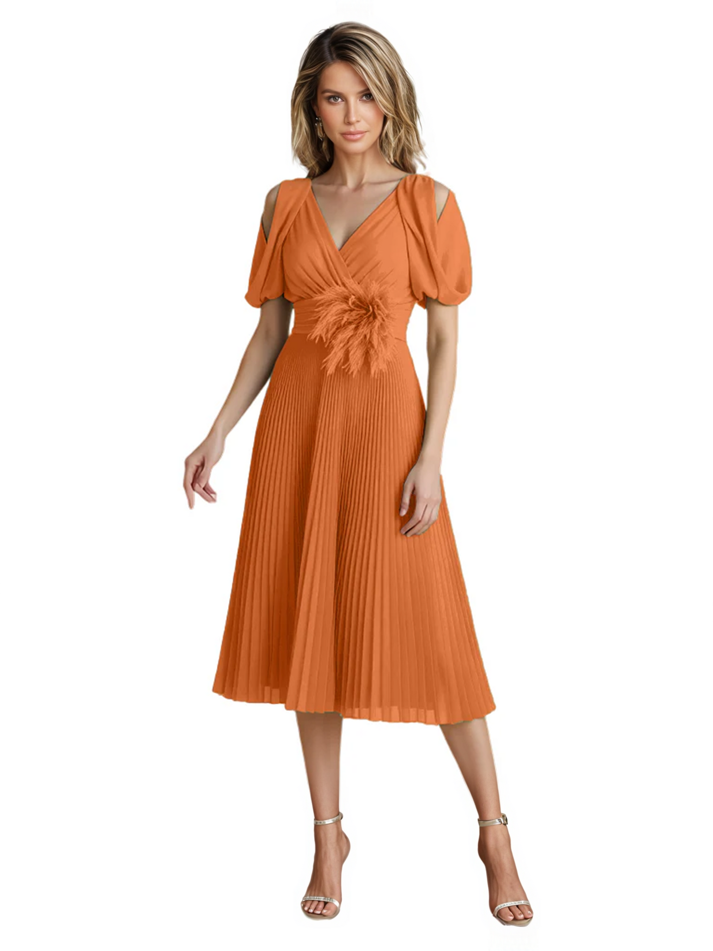 Wedding Formal Dress V-Neck Pleated Chiffon Gown with 3D Flower Accent Knee Length