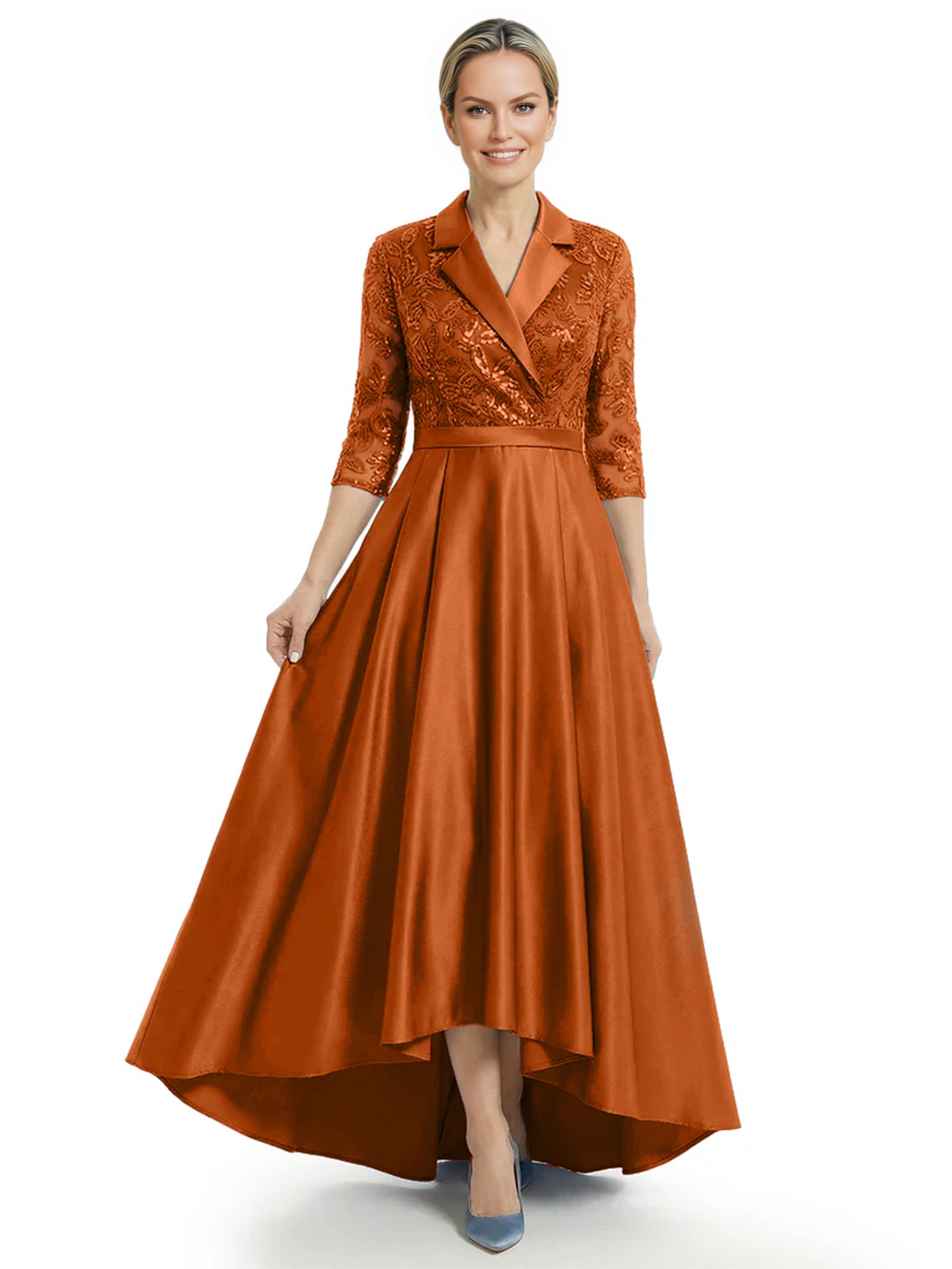 Elegant Mother of Bride Dress Evening Gowns Trending Styles with Lapel Collar 3/4 Sleeves