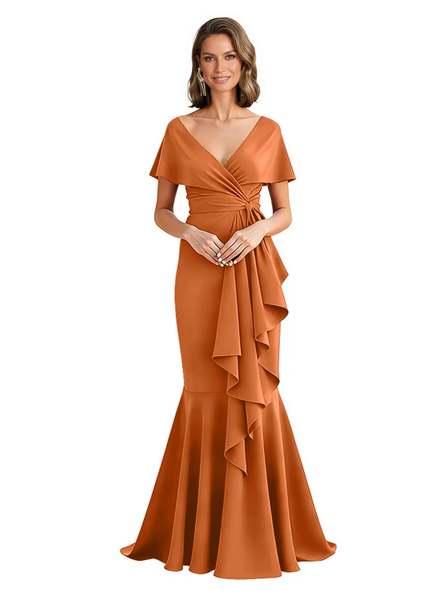 Satin Mother of the Bride Dress with Cascading Ruffles and Mermaid Tail V-Neck