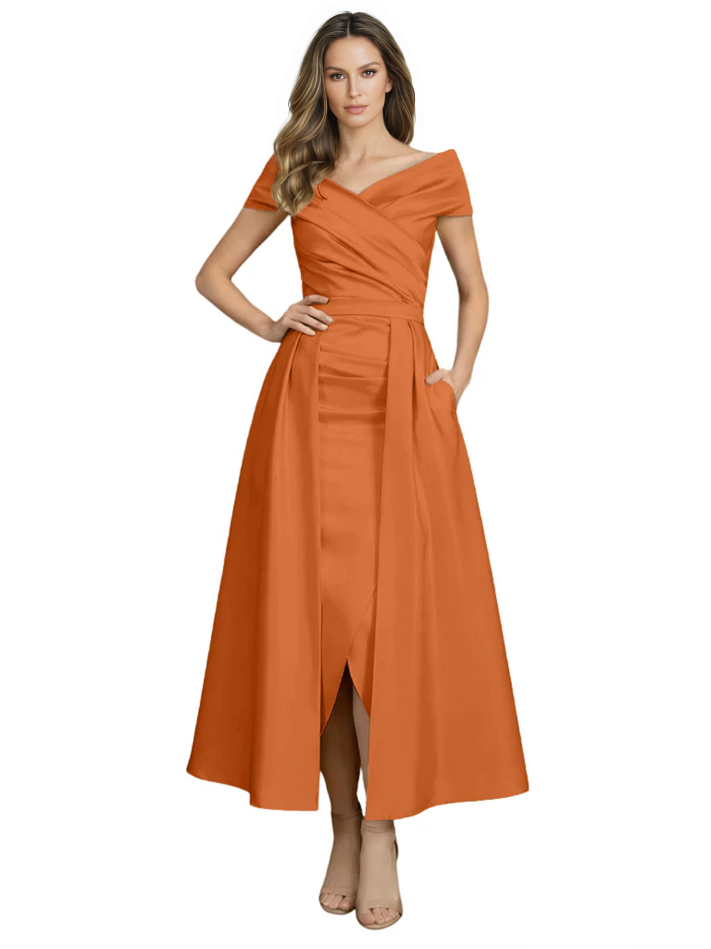 Formal Floor-Length Mother of the Bride Gown Satin Maxi Dress with Slit Off Shoulder