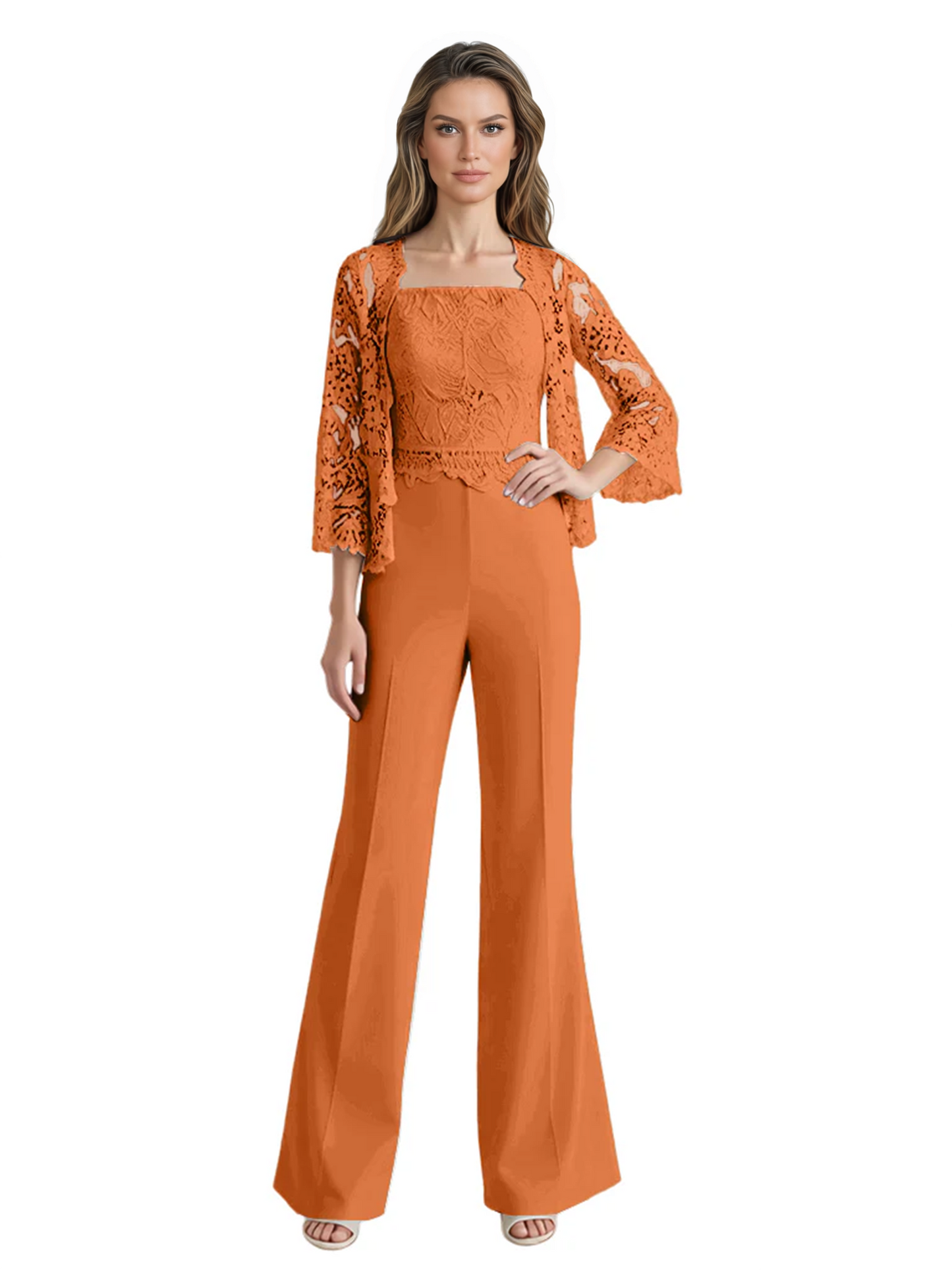 Mother of the Bride Jumpsuit with Lace Jacket 3/4 Sleeve Formal Pant Suit
