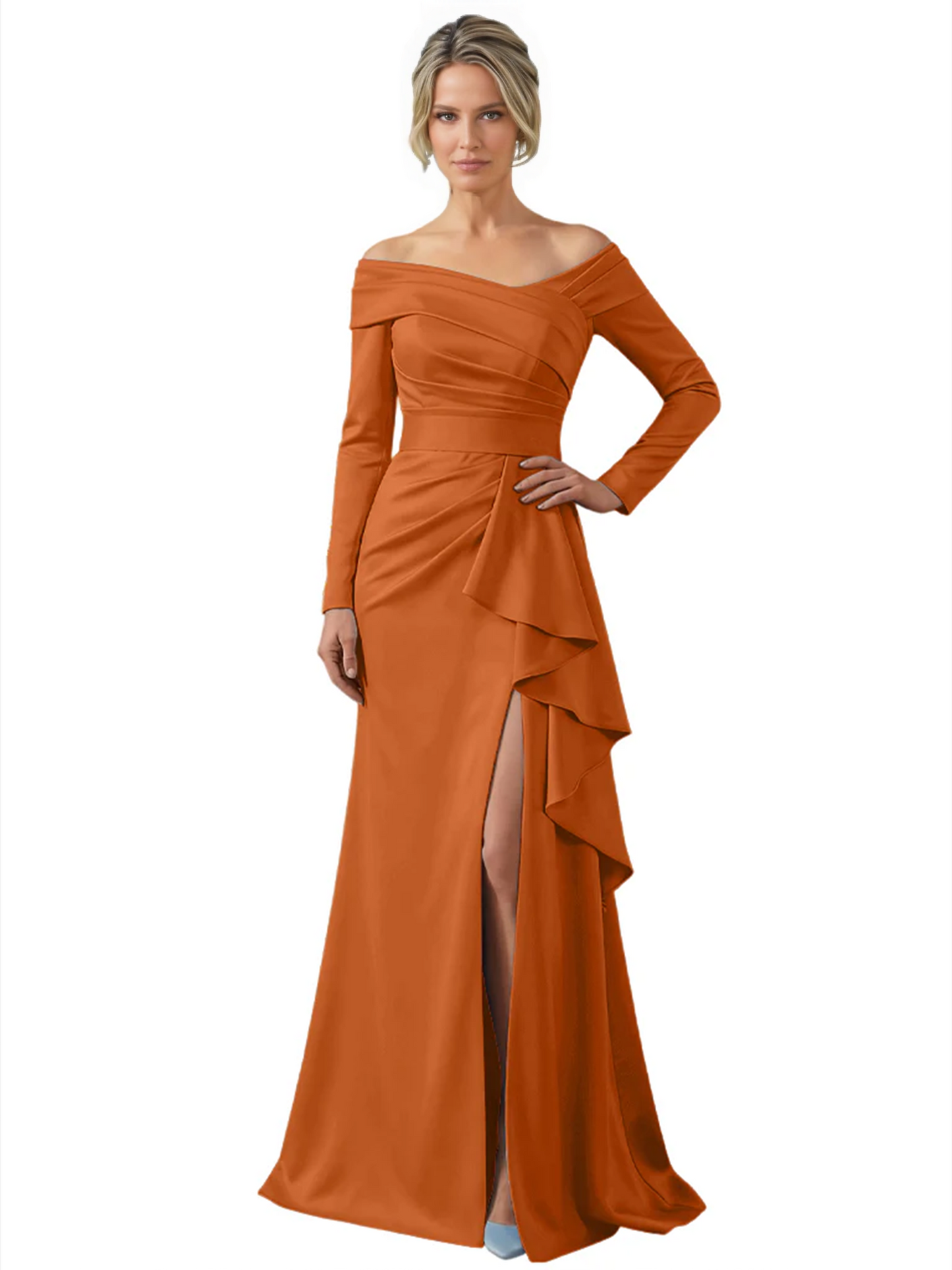 Elegant Mother of the Groom Dress Cascading Ruffle Satin Gown with High Slit Long Sleeves
