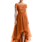 Formal High-Low Mother of the Bride Gown Short Sleeve Lace Maxi Dress with Tiered Skirt
