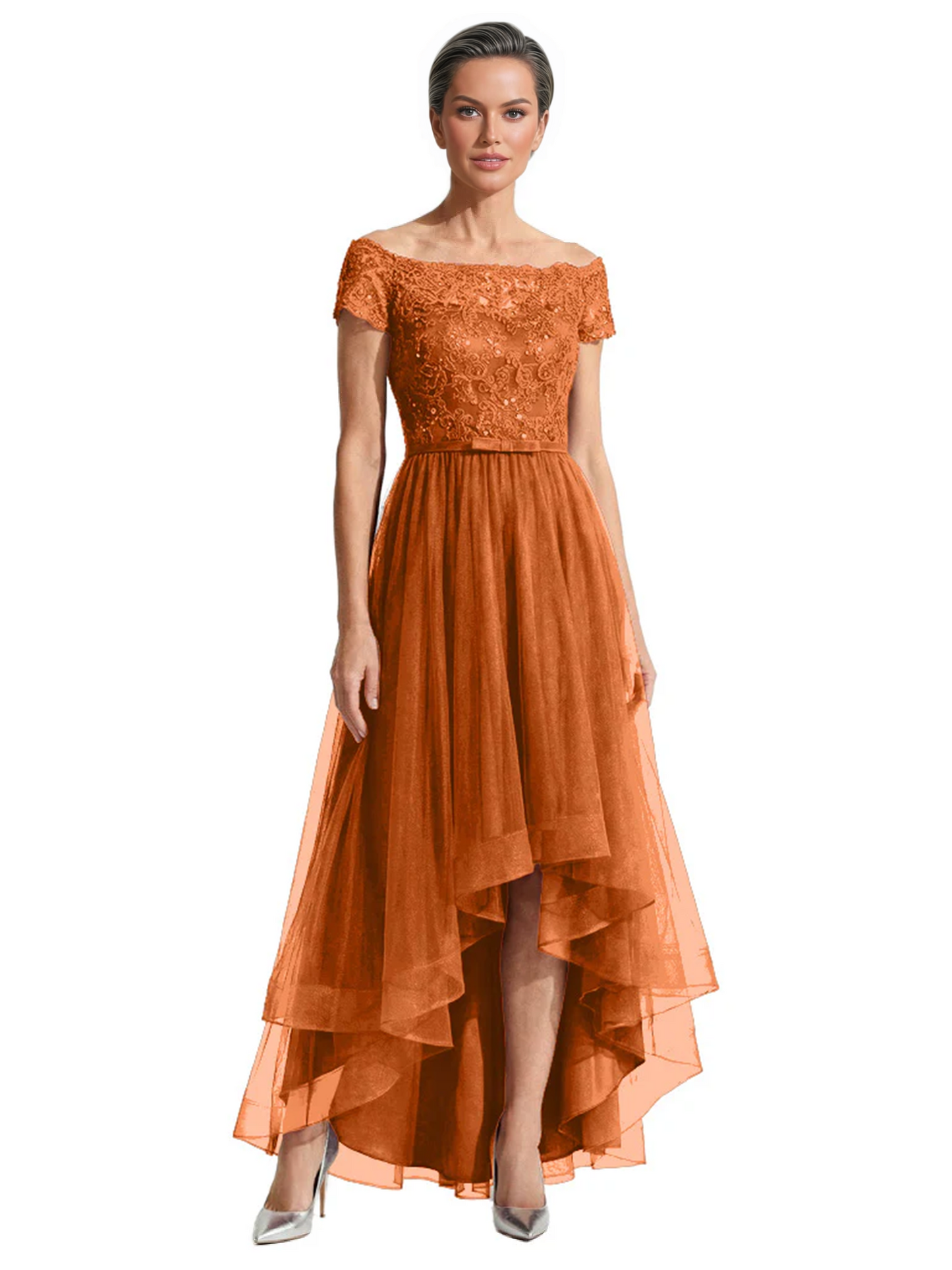 Formal High-Low Mother of the Bride Gown Short Sleeve Lace Maxi Dress with Tiered Skirt