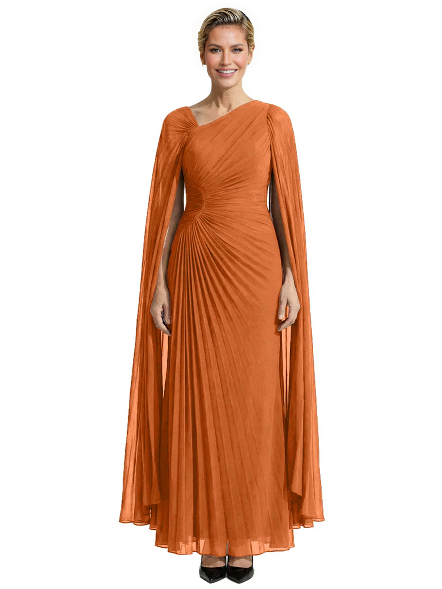Elegant Asymmetric Neck Long A-Line Chiffon Mother of the Brides Dresses Mom Outfit with Cape