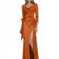 Elegant Evening Gowns Slit Trending Styles Satin Slit Formal Dress Cowl Neckline Gown Tie