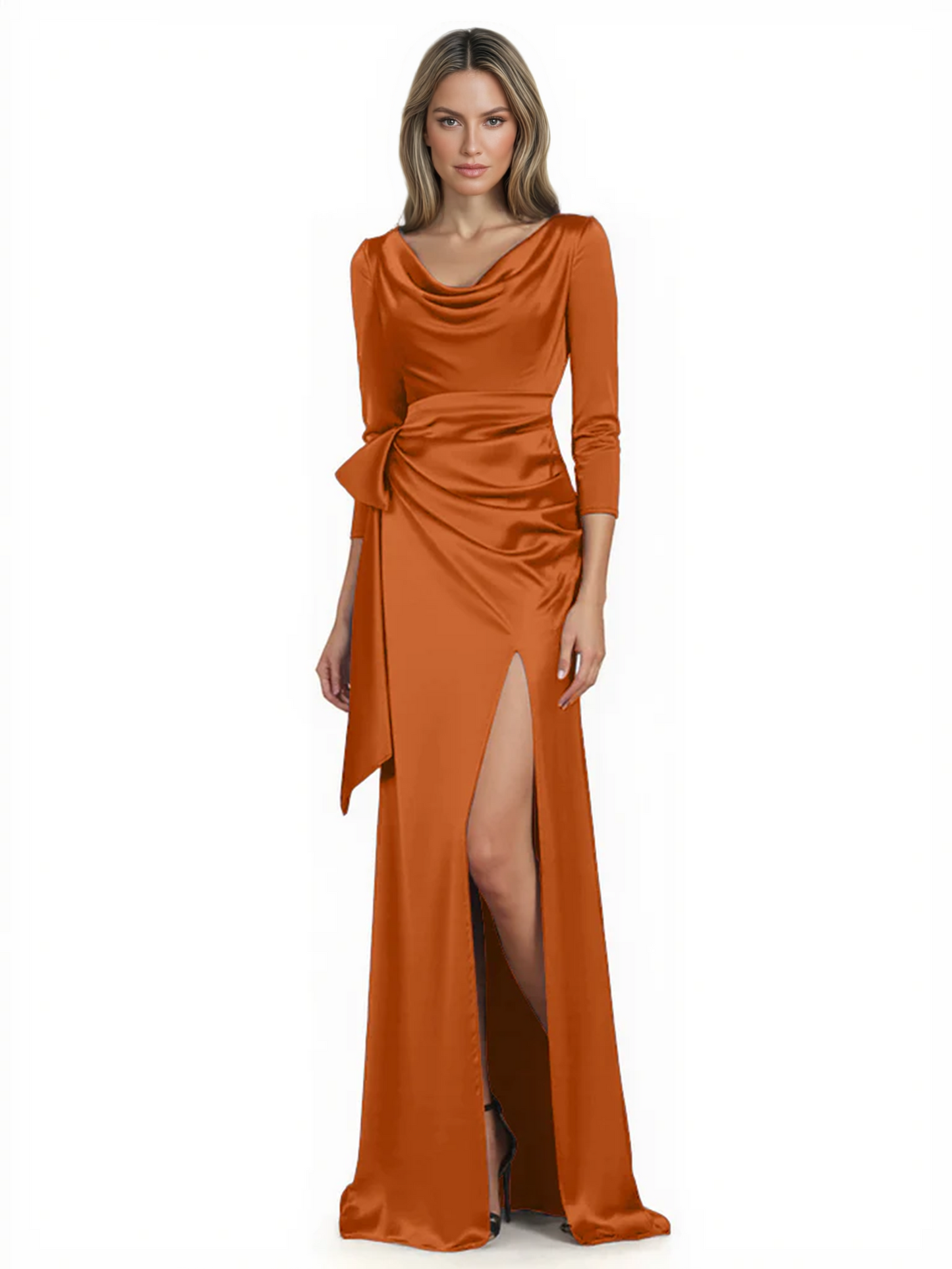 Elegant Evening Gowns Slit Trending Styles Satin Slit Formal Dress Cowl Neckline Gown Tie